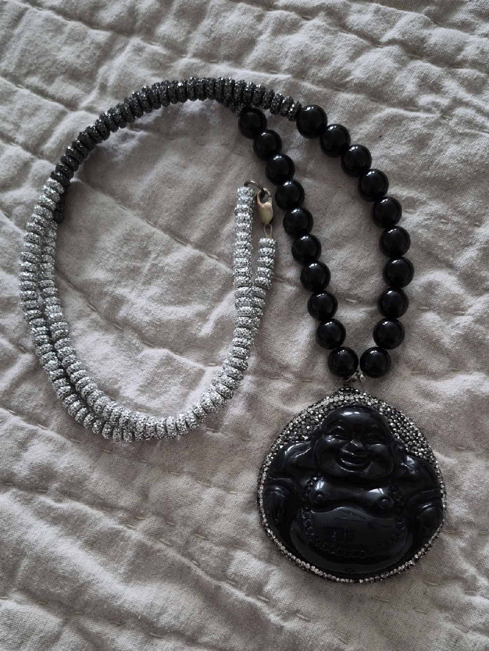 Black Buddha Pendant Necklace with Silver Accents